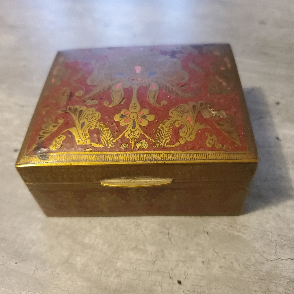Vintage Brass Box/wood Lined/treasure Box/Antique Indian Brass Benares Ware Red